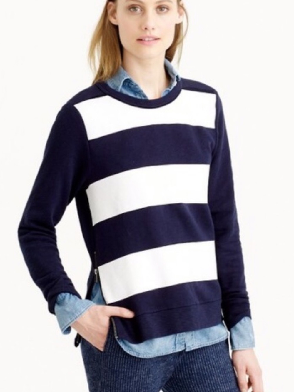 J. Crew Painted Stripe Side-Zip Crewneck Sweatshirt in Navy & White Womens Small